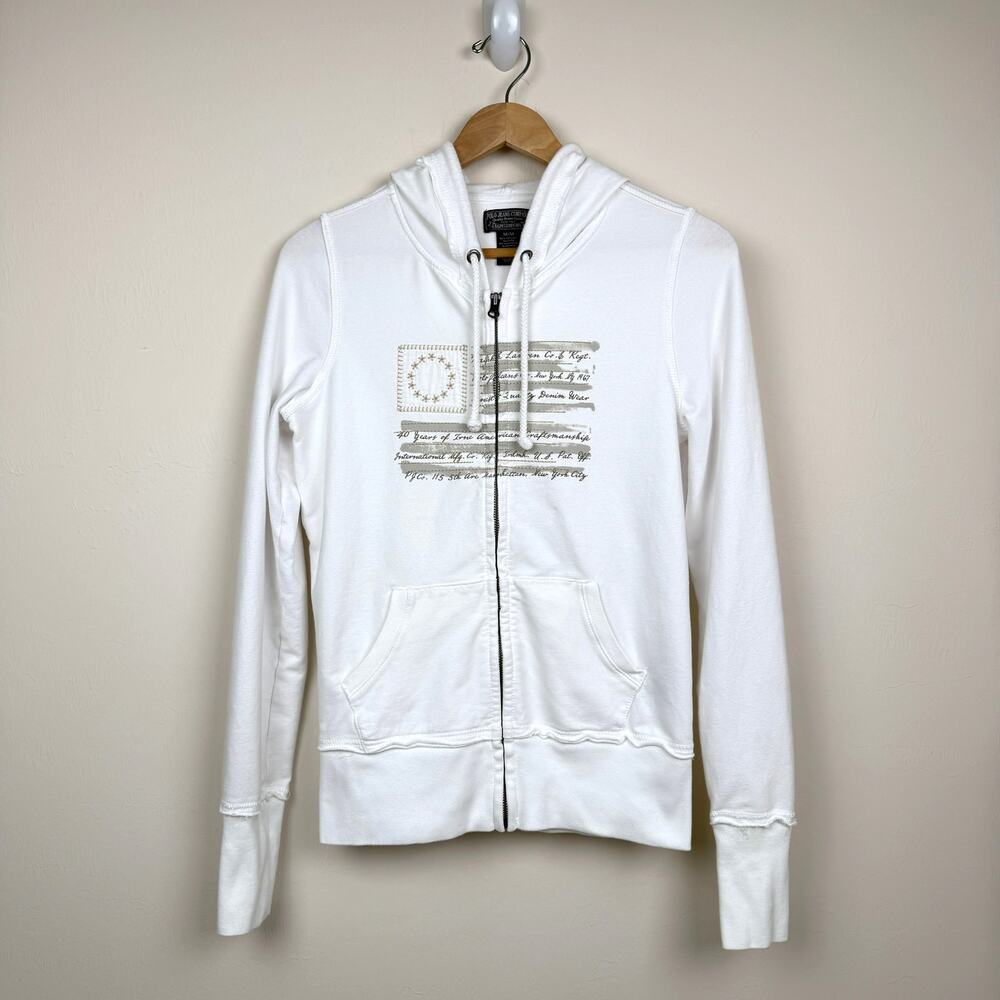 Polo Jeans Company Ralph Lauren Zip Hoodie White Graphic Embroidery Flag Preppy